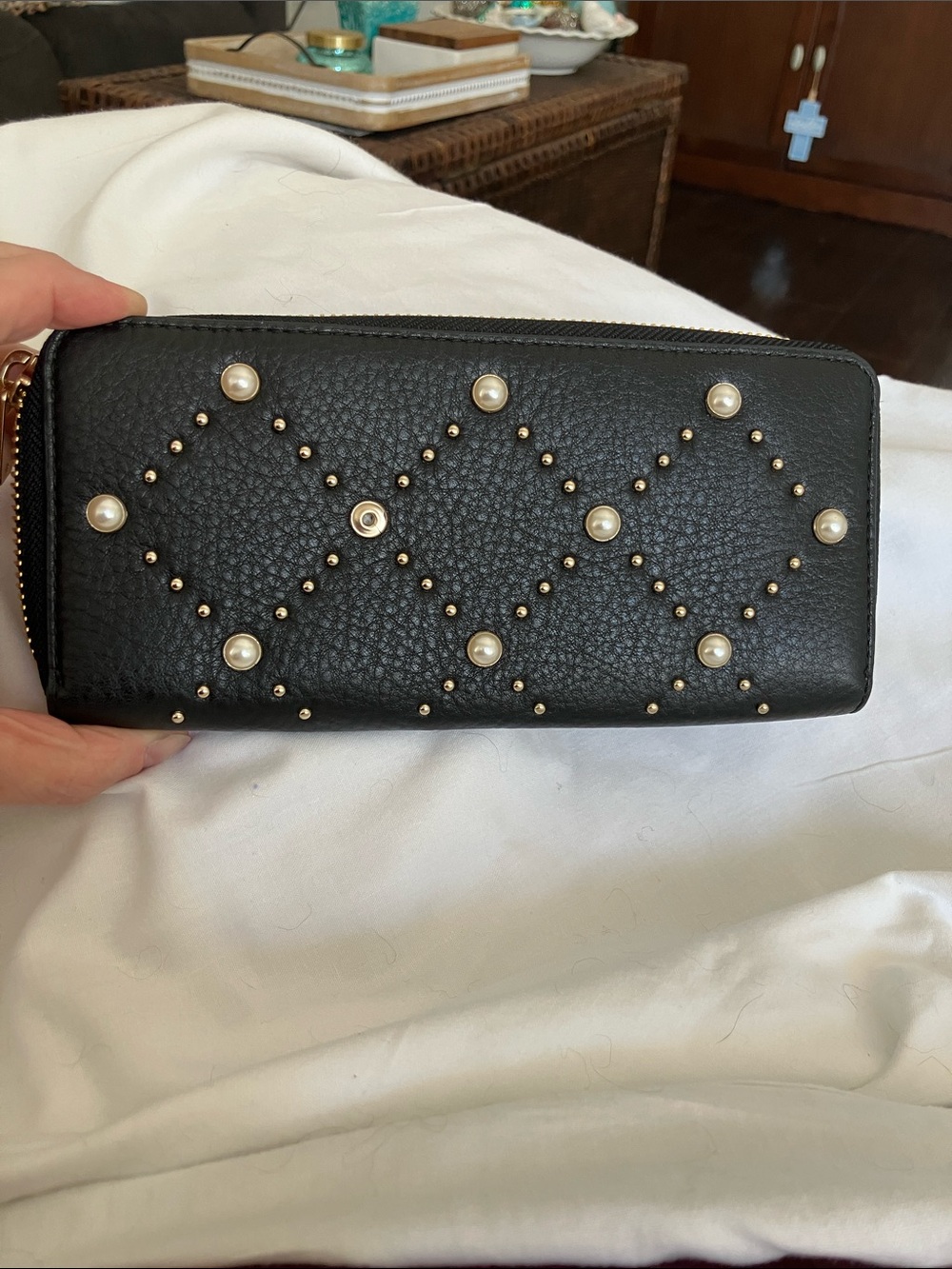 kate spade Black Pearl-Embellished Zip Wallet